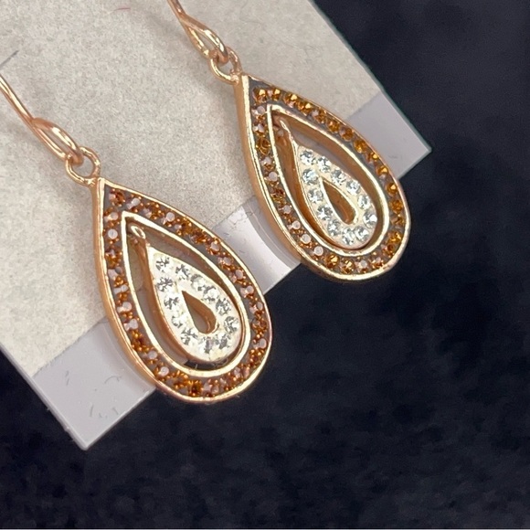 Teardrop Rose Gold Earrings Dangle Style Rhinestone Accent - Picture 3 of 8